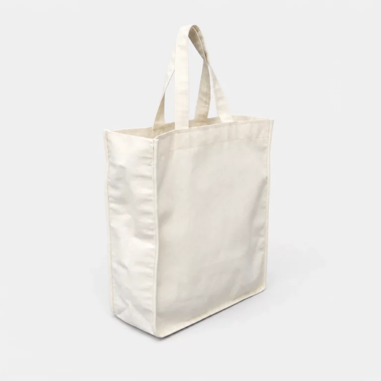 Bolsa de manta natural chica con fuelle, asas y bies perimetral, fabricada por Proactiva Textil