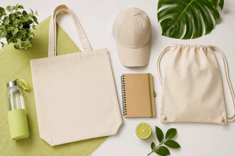 Artículos promocionales ecológicos: bolsa de algodón, gorra, libreta y morral con áreas para logo
