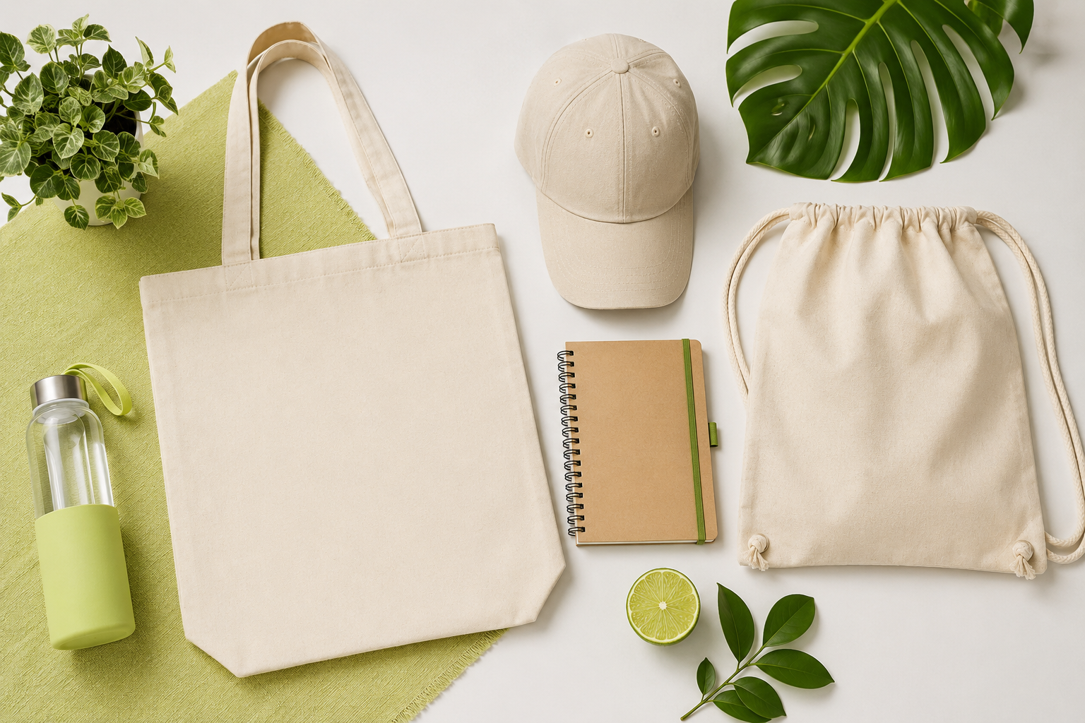 Artículos promocionales ecológicos: bolsa de algodón, gorra, libreta y morral con áreas para logo