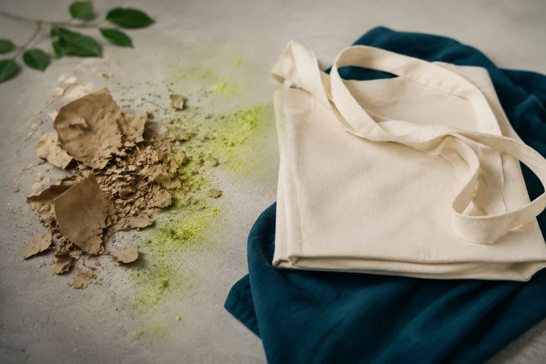 Comparación conceptual entre material desechable y bolsa de tela reutilizable