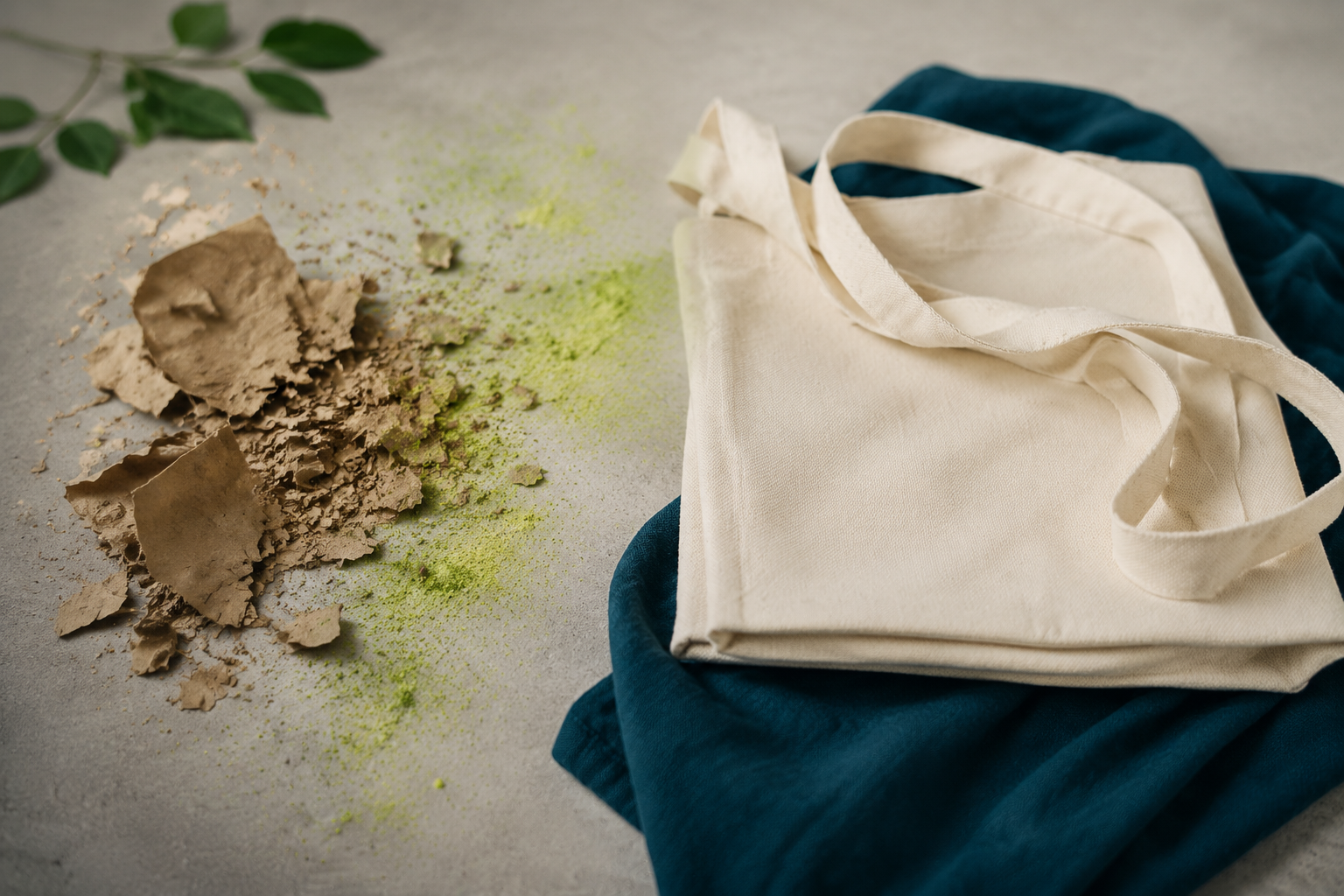 Comparación conceptual entre material desechable y bolsa de tela reutilizable