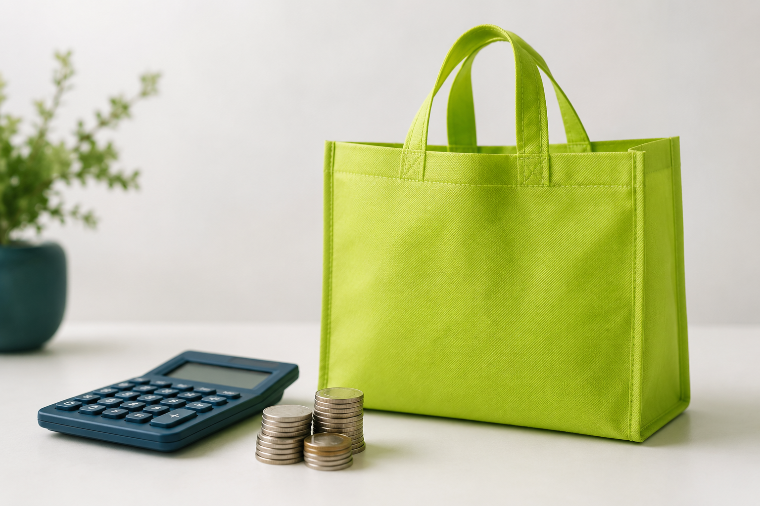 Bolsa ecológica non woven económica junto a una calculadora — ahorro en compra al mayoreo