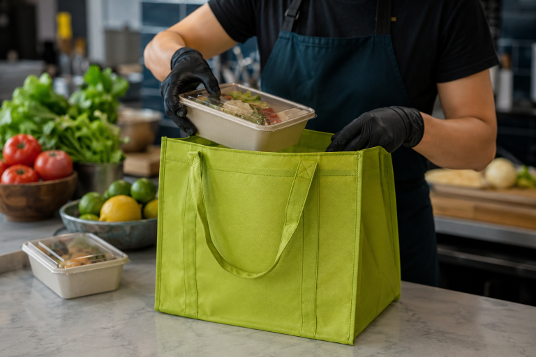 Bolsa ecológica non woven con contenedores de comida para llevar en restaurante