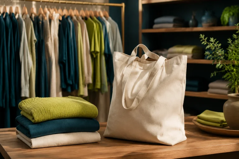 Bolsa de tela de manta sobre el mostrador de una boutique de ropa