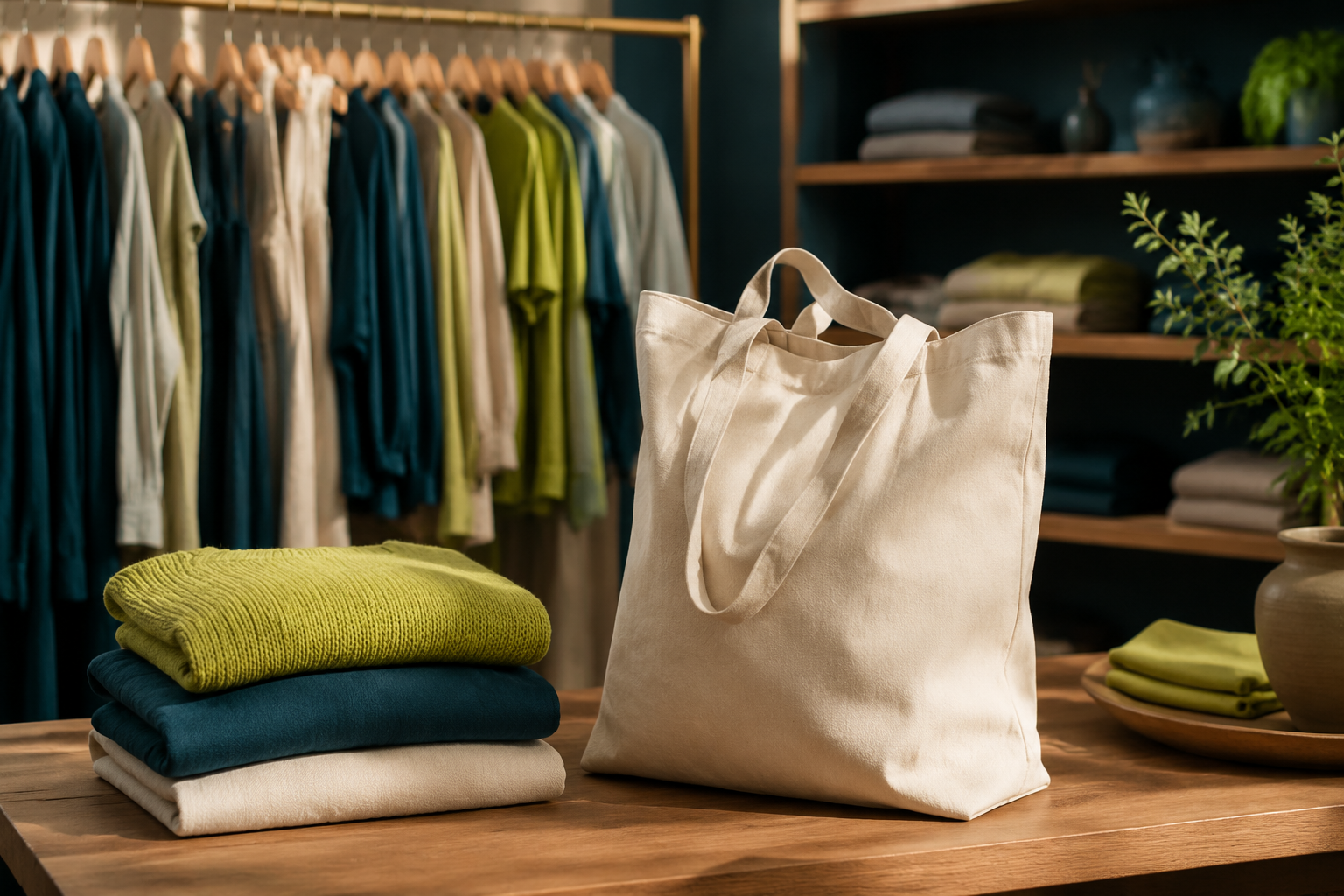 Bolsa de tela de manta sobre el mostrador de una boutique de ropa