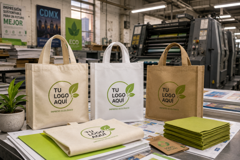 Bolsas ecológicas personalizadas con "tu logo aquí" en un taller de imprenta de la colonia Obrera, CDMX