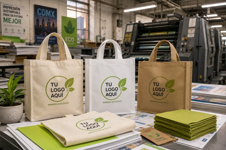 Bolsas ecológicas personalizadas con "tu logo aquí" en un taller de imprenta de la colonia Obrera, CDMX