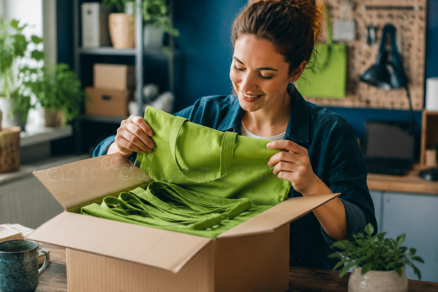 Emprendedor abriendo su primer pedido de bolsas ecológicas personalizadas