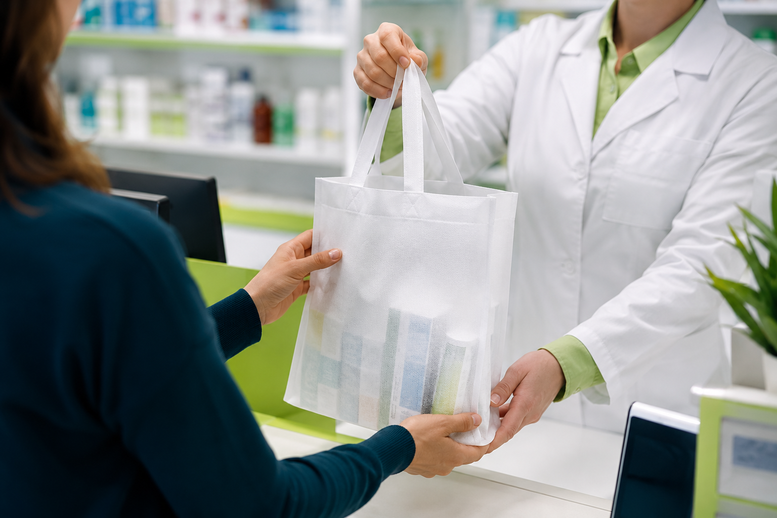 Farmacéutico entregando medicamentos en bolsa ecológica non woven blanca