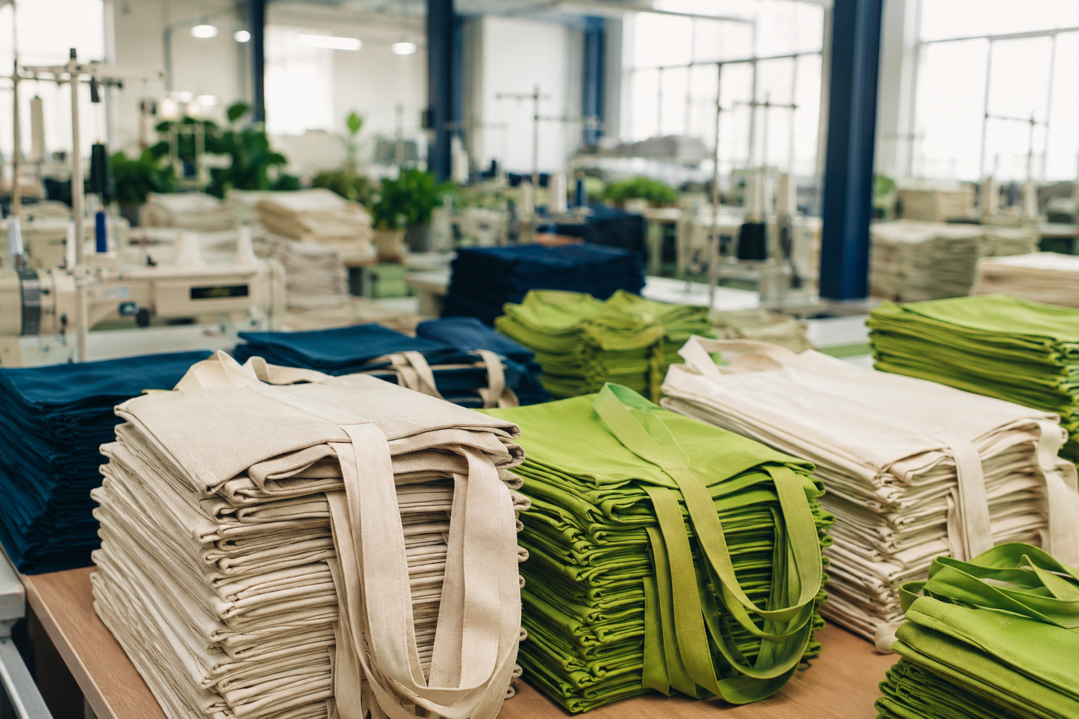 Bolsas ecológicas al mayoreo apiladas en fábrica textil