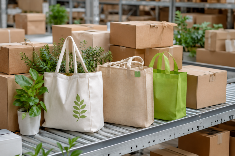 Bolsas ecológicas reutilizables junto a cajas de envío en almacén, listas para distribución nacional