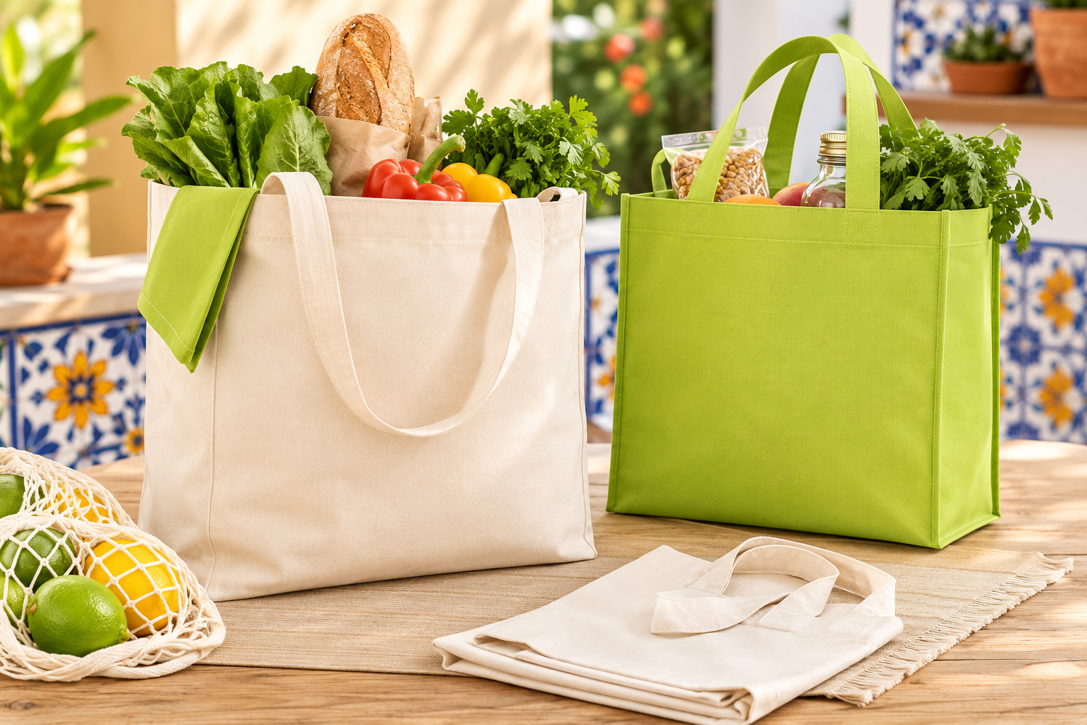 Bolsas ecológicas de algodón y non woven personalizadas con azulejo talavera al fondo, mayoreo en Puebla