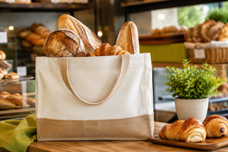 Bolsa ecológica de algodón con pan artesanal y croissants en una panadería