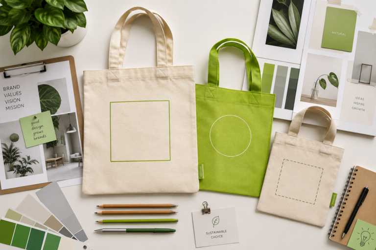 Bolsas ecológicas y totes promocionales personalizables sobre el escritorio de una agencia con mood board