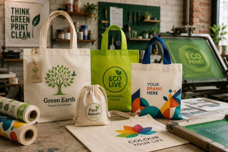 Bolsas ecológicas personalizadas con logos impresos en un taller de publicidad e imprenta de la colonia Algarín