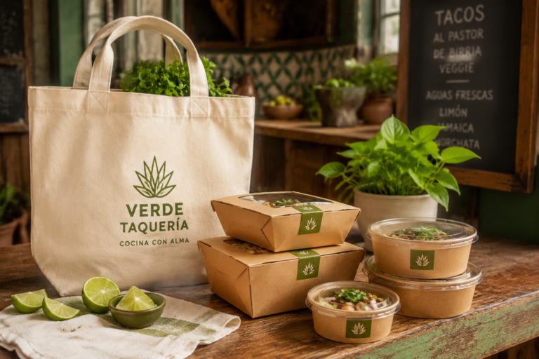 Bolsa ecológica de algodón con logo de taquería y contenedores para llevar en un restaurante de la colonia Algarín