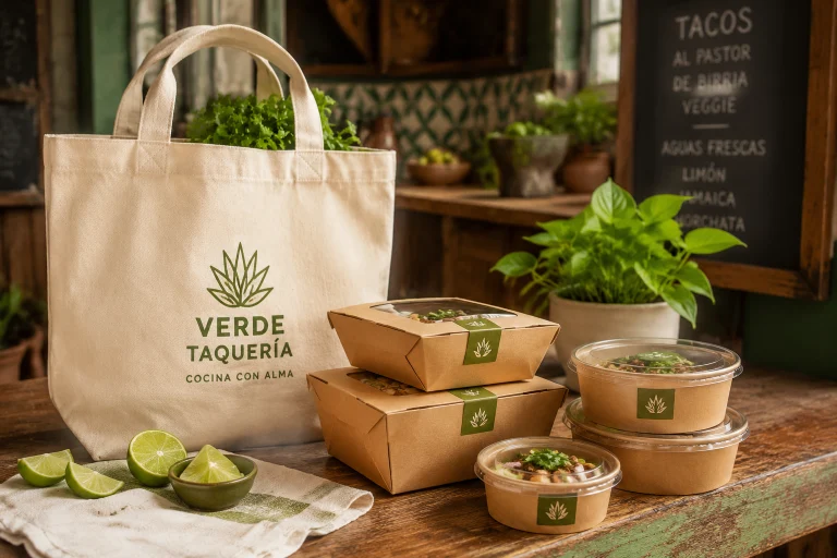Bolsa ecológica de algodón con logo de taquería y contenedores para llevar en un restaurante de la colonia Algarín