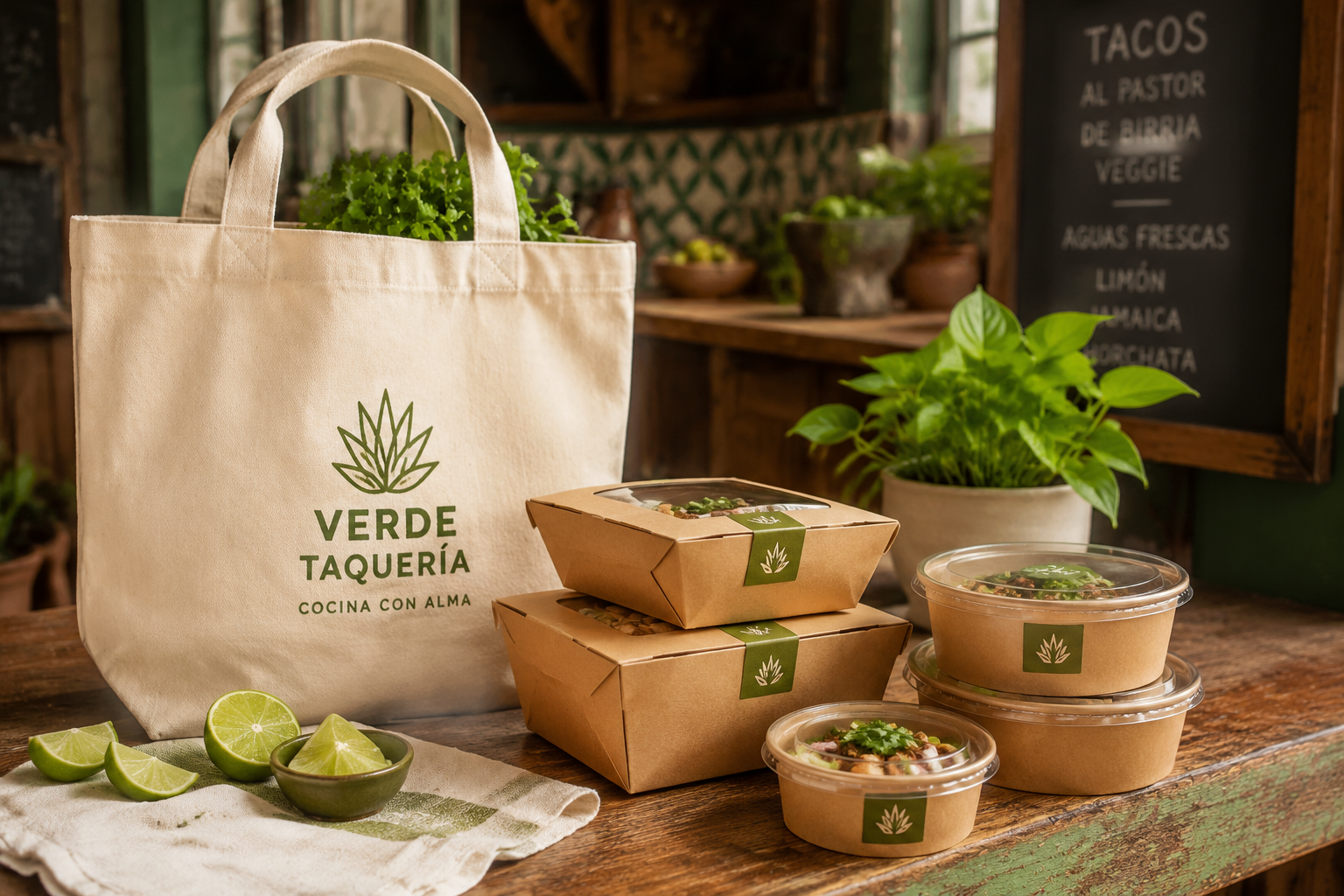 Bolsa ecológica de algodón con logo de taquería y contenedores para llevar en un restaurante de la colonia Algarín