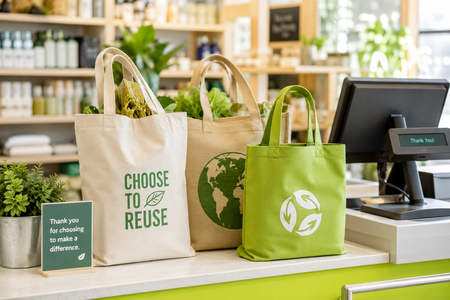 Bolsas ecológicas reutilizables personalizadas en la caja de una tienda en CDMX