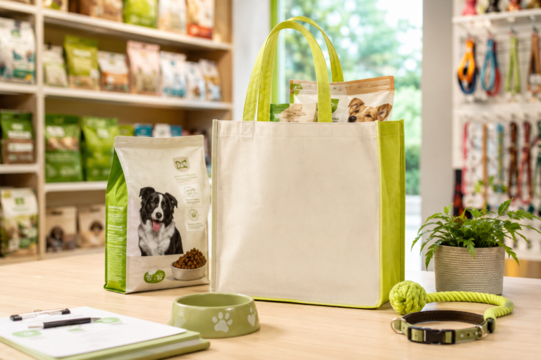 Bolsa ecológica personalizable en el mostrador de una veterinaria con alimento y accesorios para mascotas