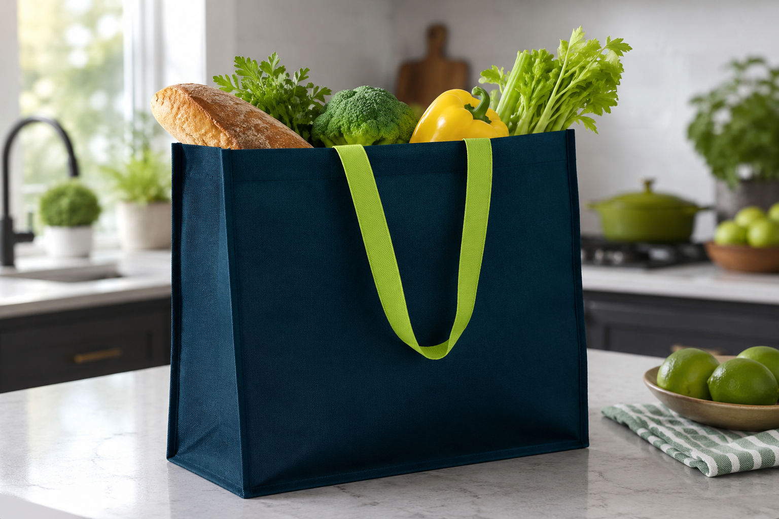 Bolsa ecológica con base cuadrada de pie llena de víveres