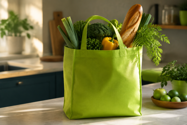 Bolsa mandadera ecológica non woven con fuelle llena de víveres