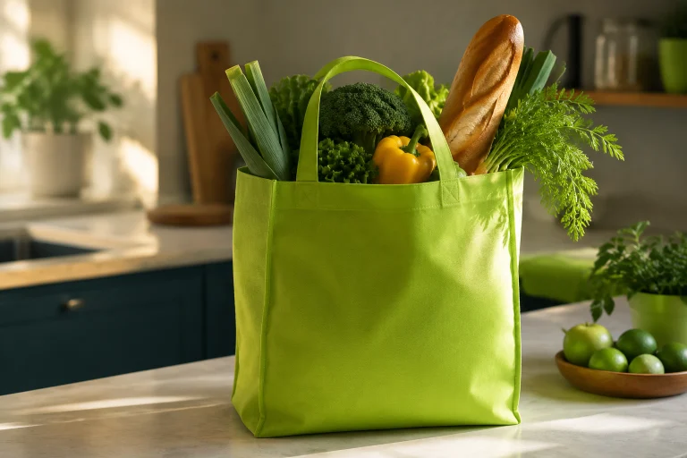 Bolsa mandadera ecológica non woven con fuelle llena de víveres