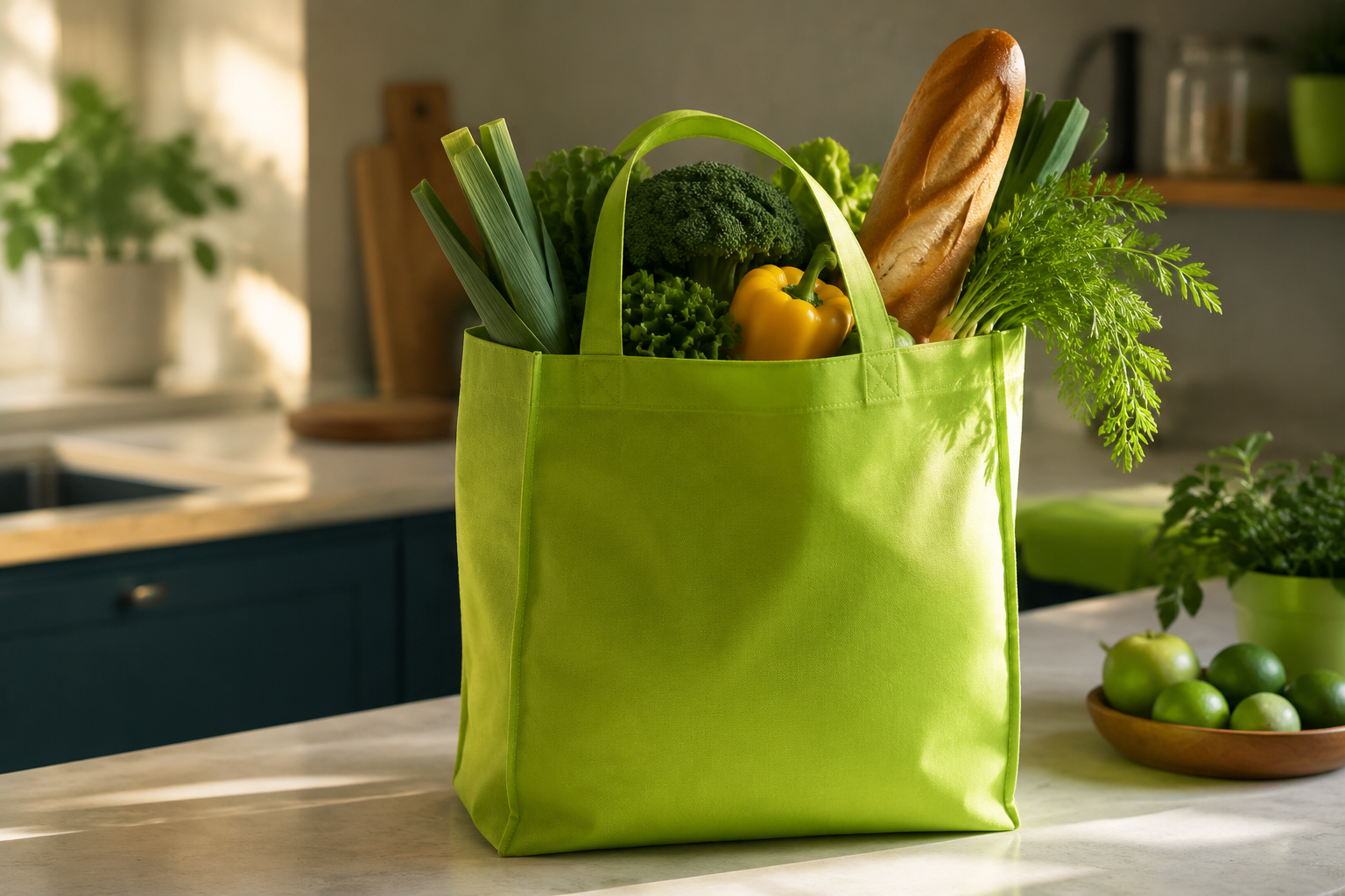 Bolsa mandadera ecológica non woven con fuelle llena de víveres