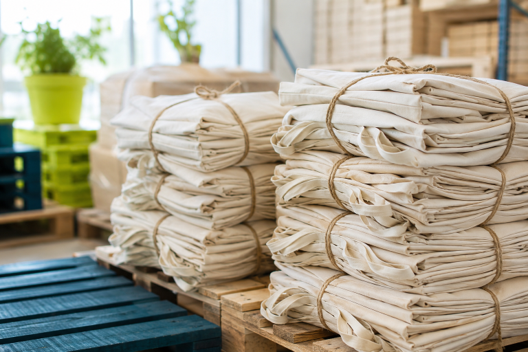 Bultos de bolsas de manta empacados listos para envío al mayoreo