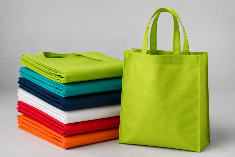 Bolsas ecológicas de tela non woven en varios colores apiladas