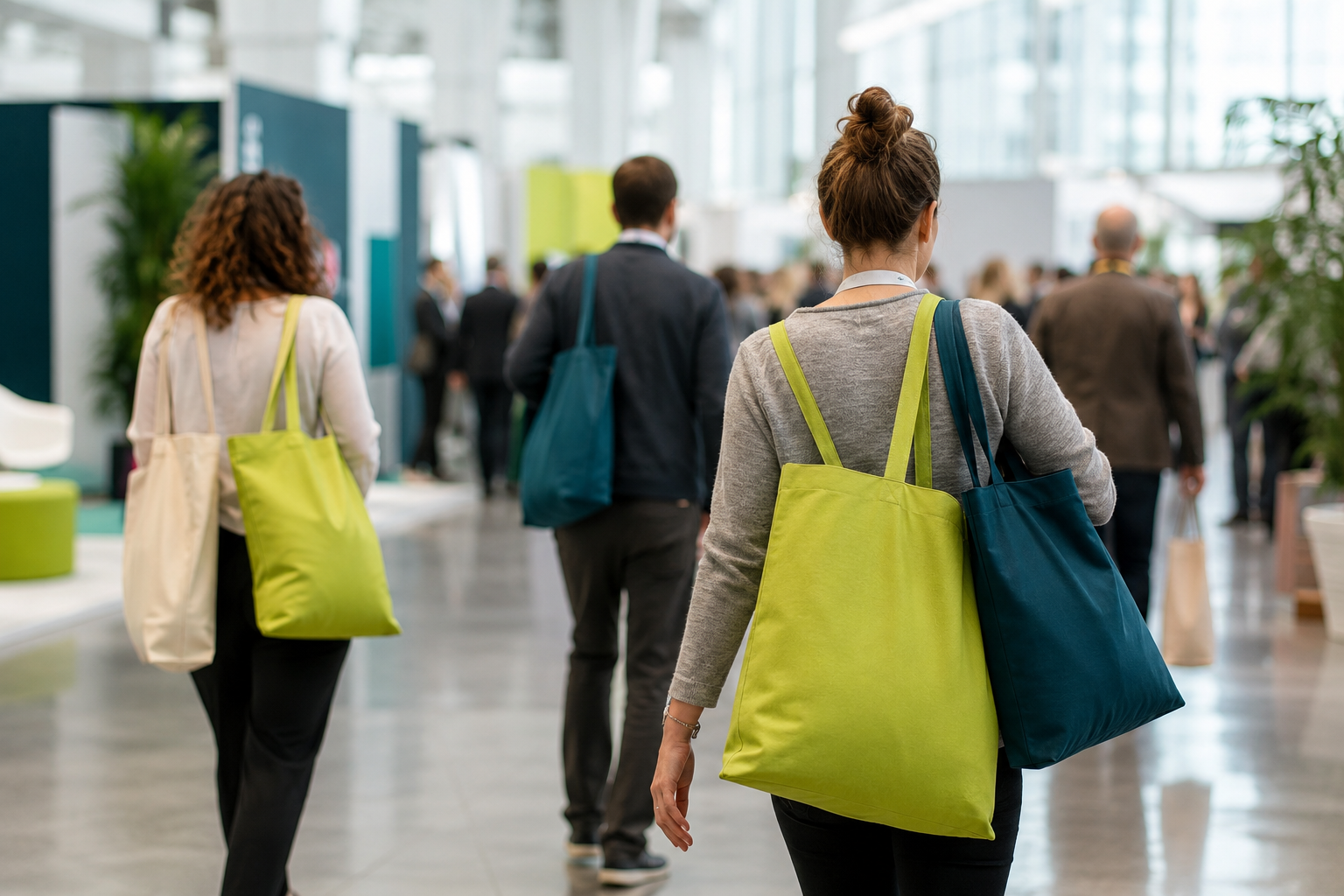 Asistentes de una expo cargando bolsas personalizadas de tela