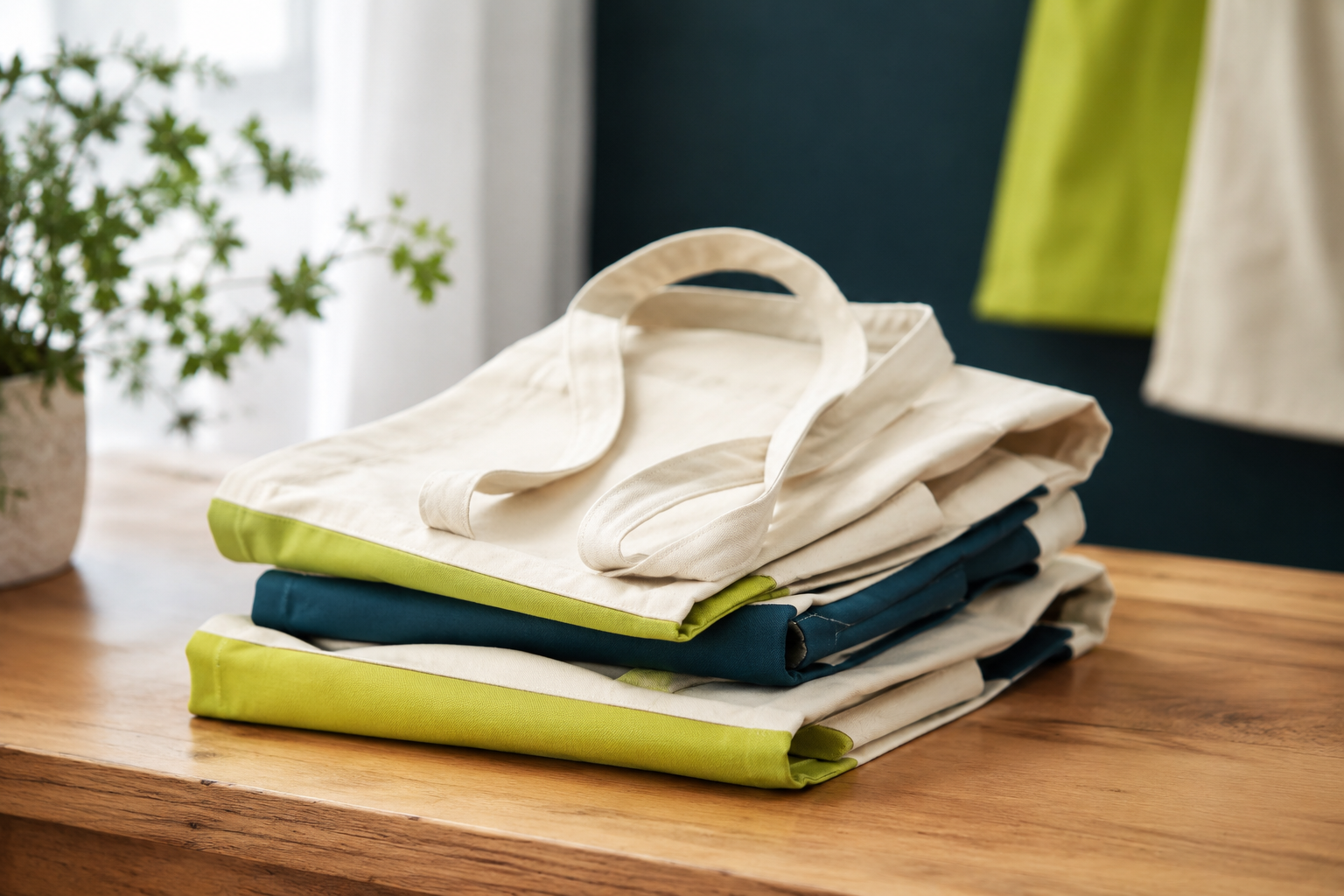 Pocas piezas de bolsas de tela dobladas sobre un escritorio