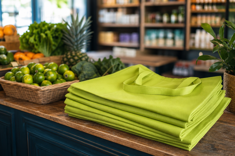 Mostrador de tienda de abarrotes con bolsas ecológicas non woven verdes