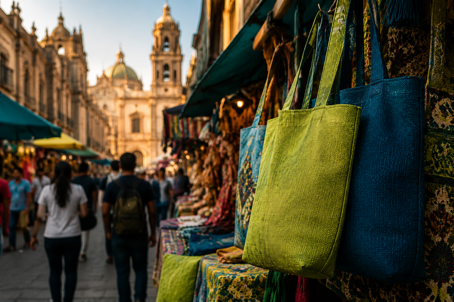 Puesto de mercado con bolsas de tela en el Centro Histórico de la Ciudad de México