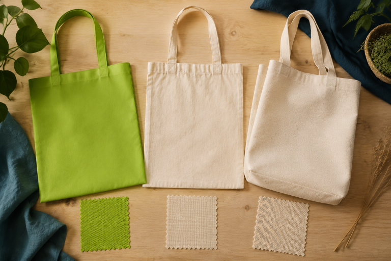 Comparativa de bolsas de non woven, manta y loneta sobre mesa de madera