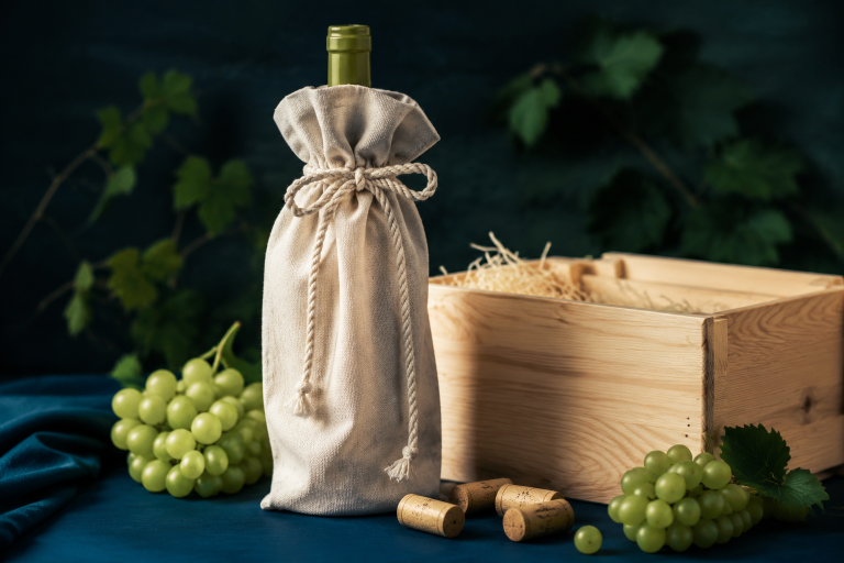 Botella de vino vestida con costal de manta con jareta — empaque gourmet