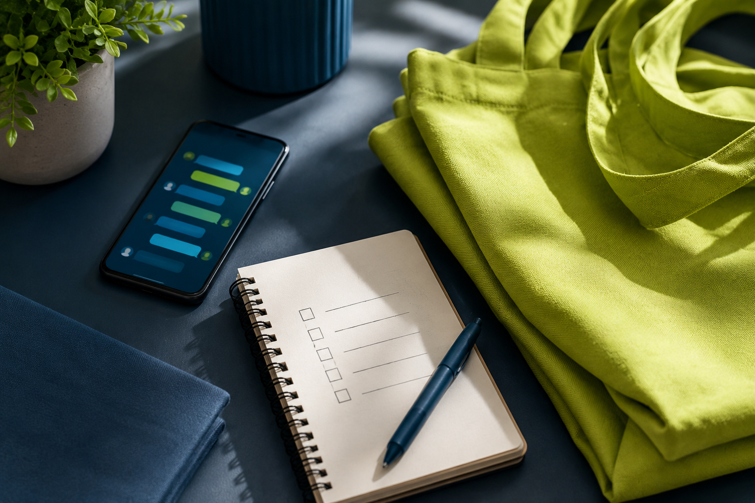 Checklist y celular listos para cotizar bolsas ecológicas personalizadas