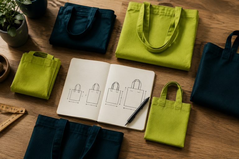 Libreta con cálculo de cantidad de bolsas y bolsas de tela de varios tamaños