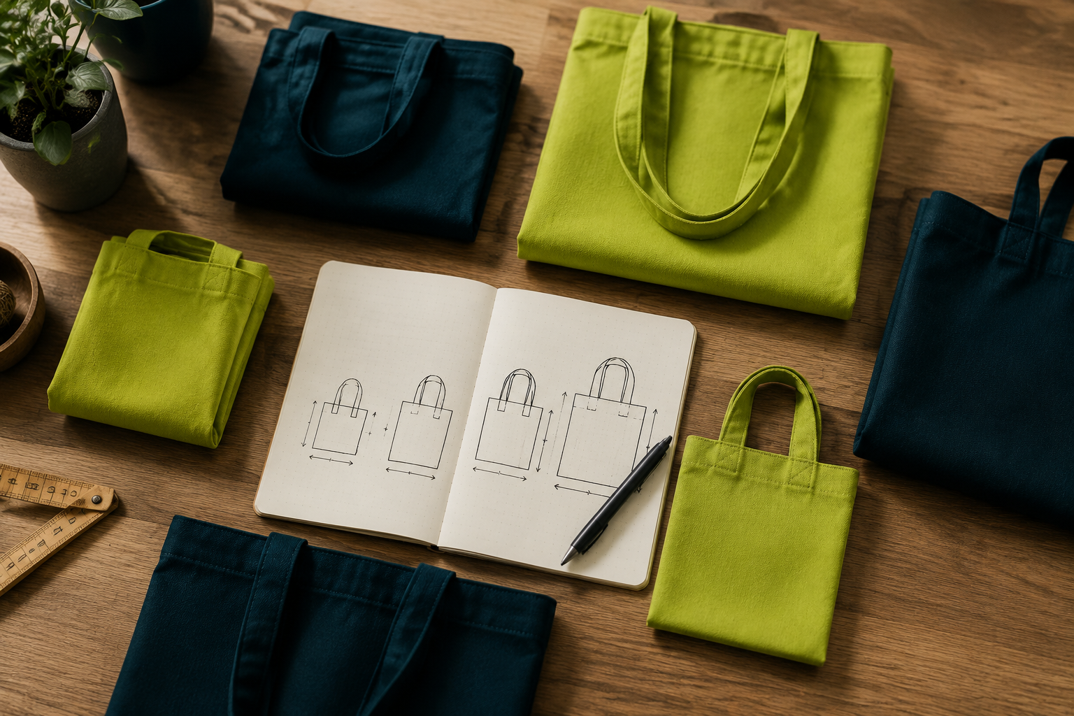 Libreta con cálculo de cantidad de bolsas y bolsas de tela de varios tamaños