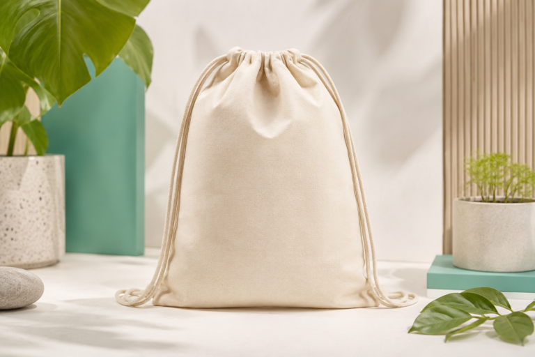 Morral ecológico personalizado de tela natural con cordón, listo para imprimir tu logo