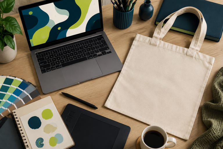 Escritorio de diseño preparando un logo vectorial para impresión en bolsa de manta