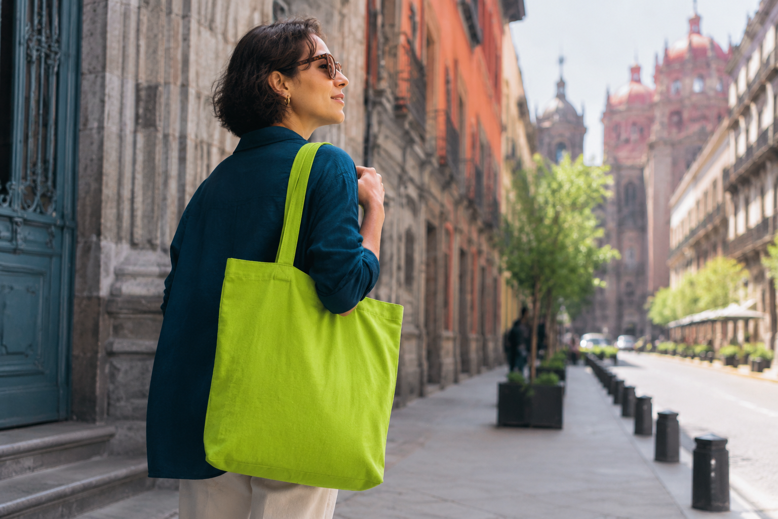 Persona caminando por la ciudad con una bolsa ecológica verde — publicidad en bolsas