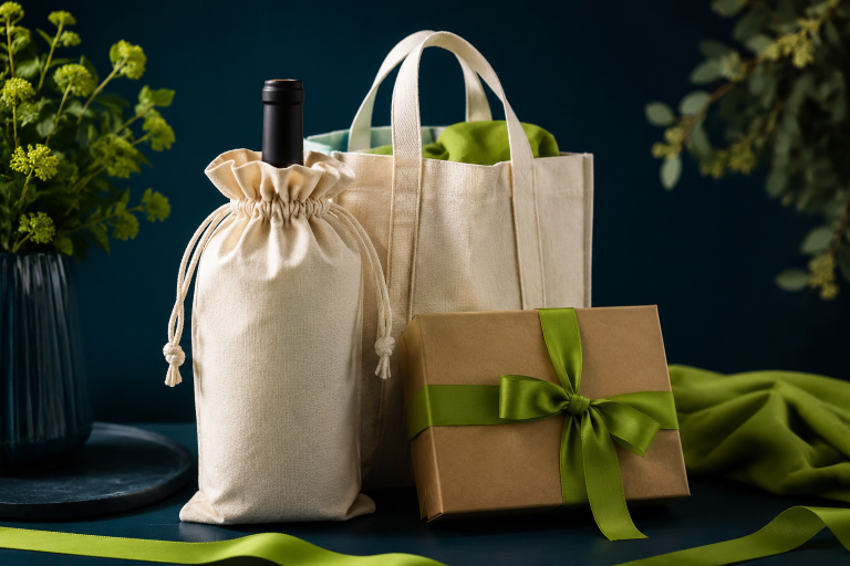 Set de regalo corporativo ecológico: costal de manta con vino, tote y caja kraft