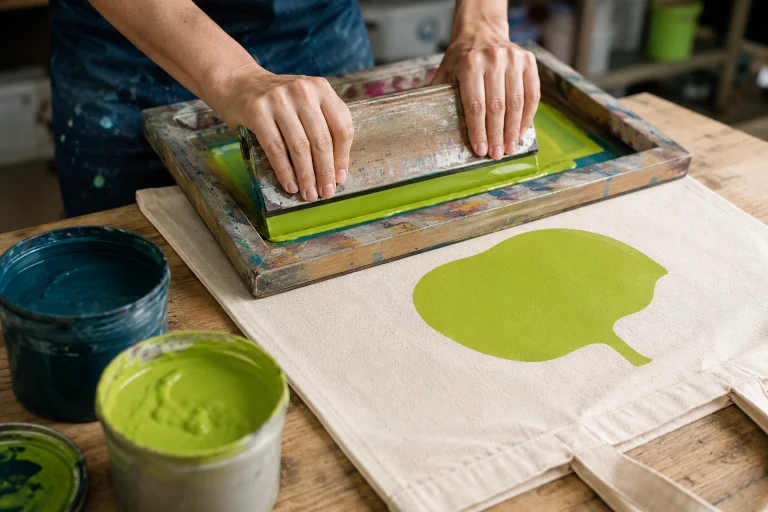 Serigrafía sobre bolsa de manta en taller — técnicas de impresión de bolsas personalizadas