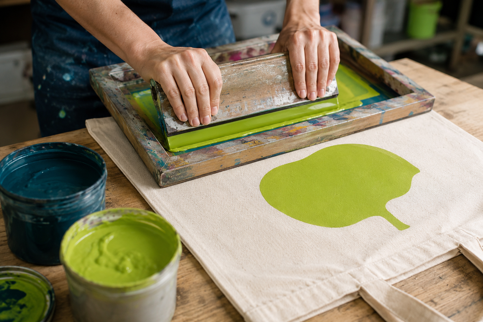 Serigrafía sobre bolsa de manta en taller — técnicas de impresión de bolsas personalizadas